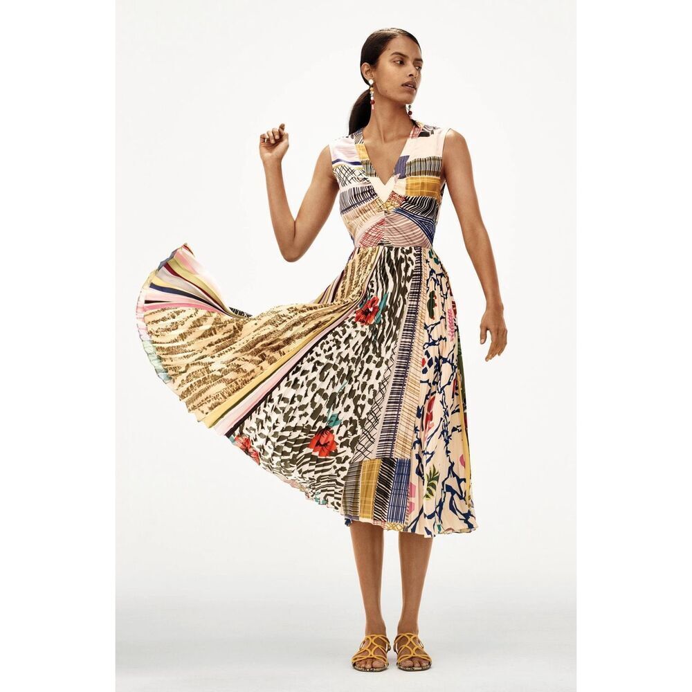 Anthropologie Geisha Designs Jacinta Mixed Print Pleated Midi Dress Size 4